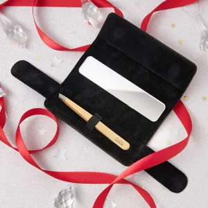 Etui en cuir rouge avec miroir et Pince à Épiler Classique - Shiny Gold