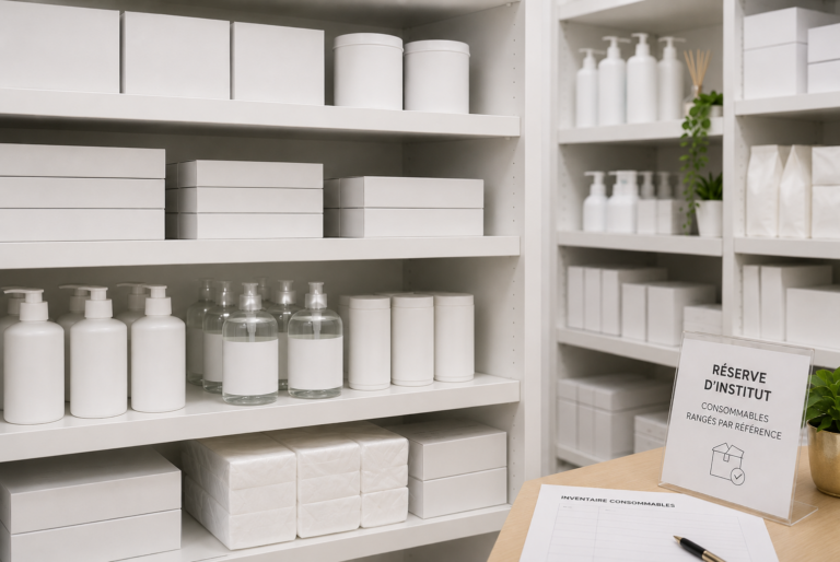 réserve d'institut de beauté avec draps, gants et spatules rangés par référence