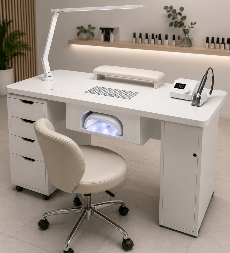 poste de manucure professionnel avec ponceuse, lampe LED et aspiration intégrée